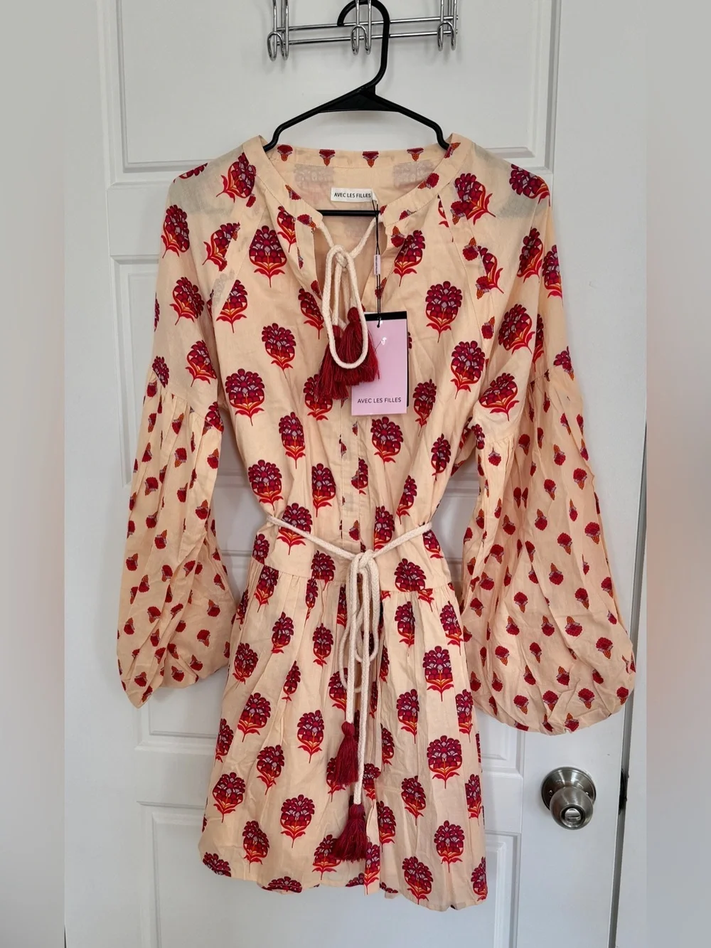 Avec Les Filles Floral Mini Dress Boho Peasant Tassel Tie Waist Size 6